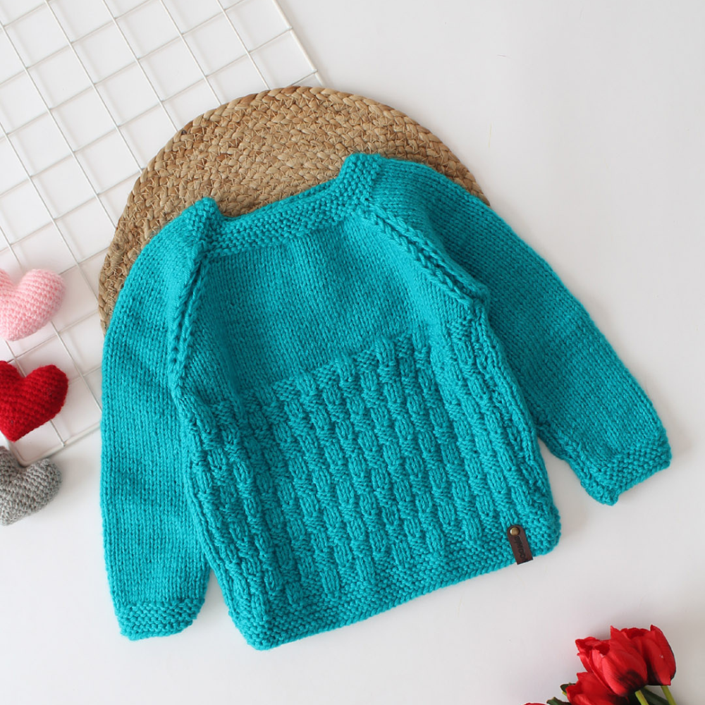 Turquoise Blue Colored Cable Knit Emboidery Sweater